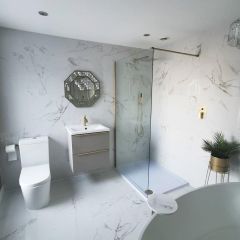 Carrara white polished porcelain wall & floor tiles Large bathroom brass accessories
