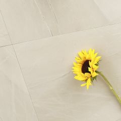 Maison cream matt porcelain tiles_ image of tiles showing the smooth matt finish with a sunflower
