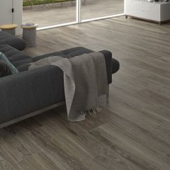 Malmo Cocoa Wood Effect Floor Tiles -  230x1200mm. pitcured in open-plan living area.