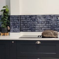 Midnight Navy brick mosaic tiles Kitchen splashback featuring grey cat on kitchen counter