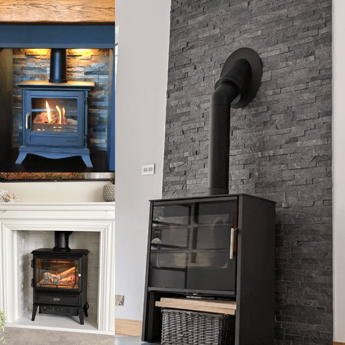 collage of split face tiles in or surrounding a fireplace or log burner
