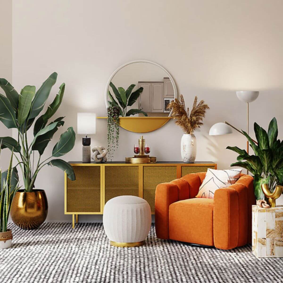 a living room with an orange chair, ottoman and potted plants