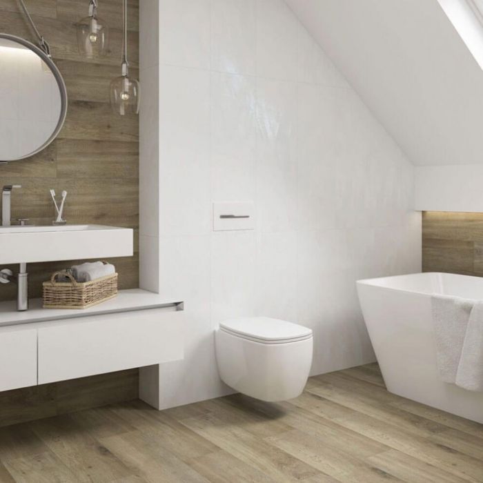 Alpine wall and floor tiles in place in a bathroom setting 