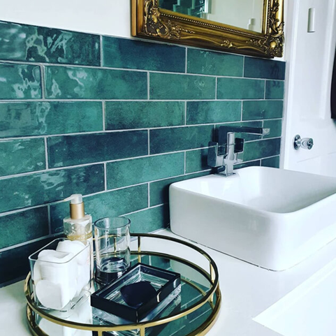 Paris Forest green brick effect wall tiles in a contemporary bathroom splash back
