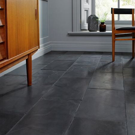 Brushed black slate in a dining area setting