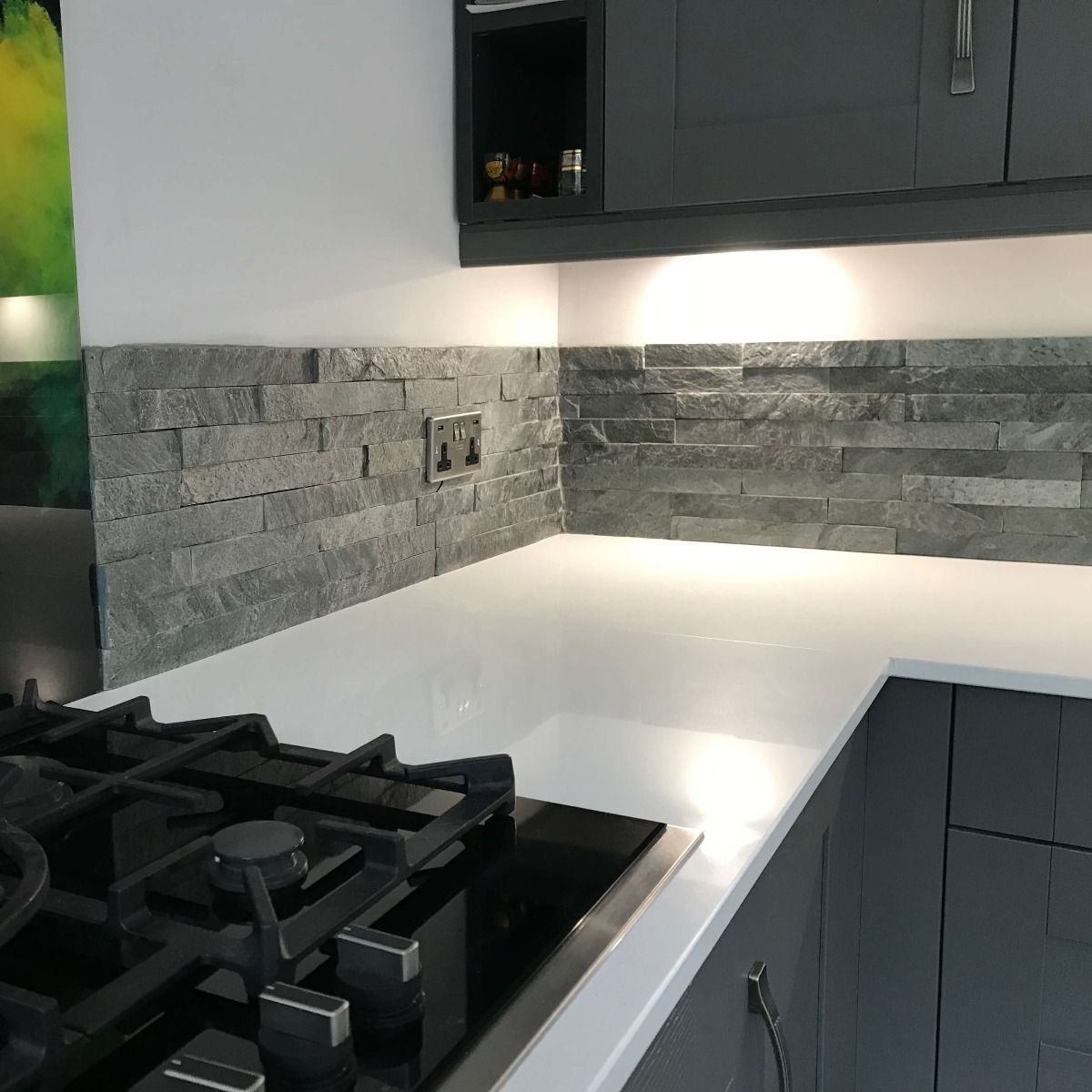 Silver grey split face kitchen tiles - customer project