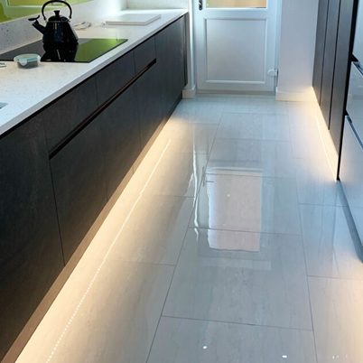 Sapphire polished porcelain tiles in a kitchen setting