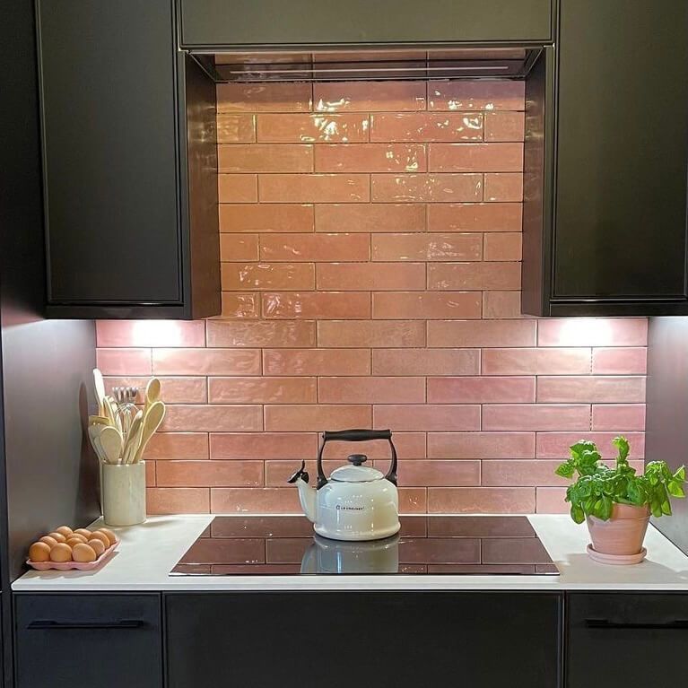 Paris Rose brick effect gloss wall tiles in a modern kitchen