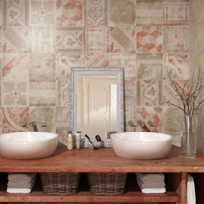 Ravello Rosso patterned porcelain tiles on a bathroom wall 