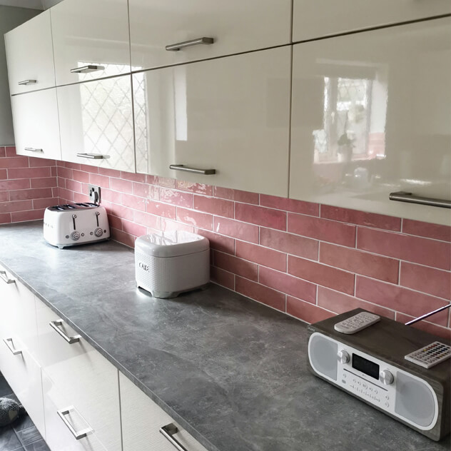Paris Rose brick effect gloss wall tiles in a kitchen setting